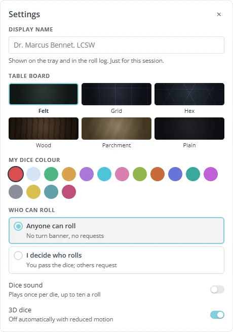 Dice Roller settings with a session-only display name, six table surfaces, a choice of dice colors, options for who can roll, and toggles for dice sound and 3D dice.
