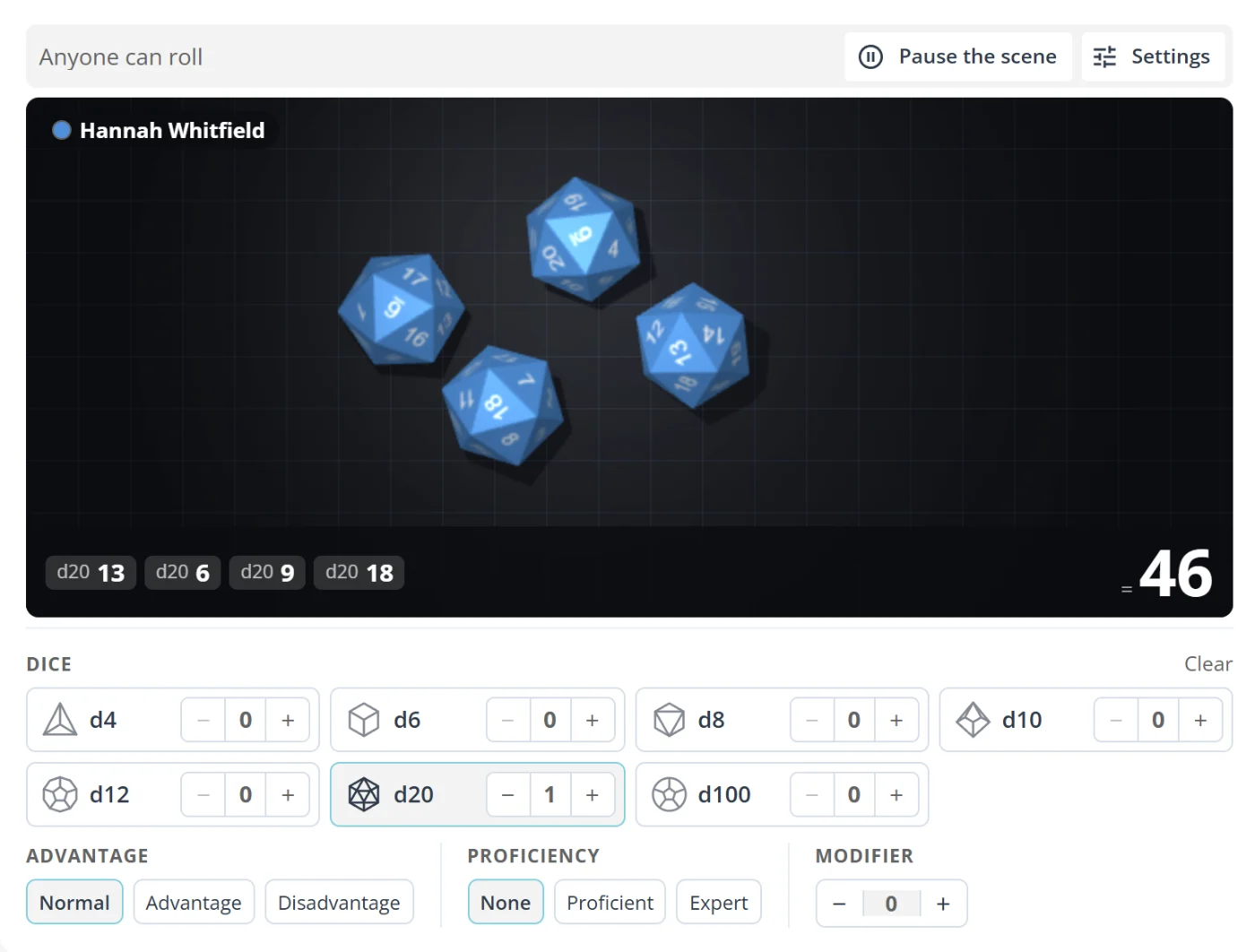 Dice Roller in a session: four d20 dice on a dark grid table, each result labelled below with a total of 46, and dice, advantage, proficiency and modifier controls underneath.