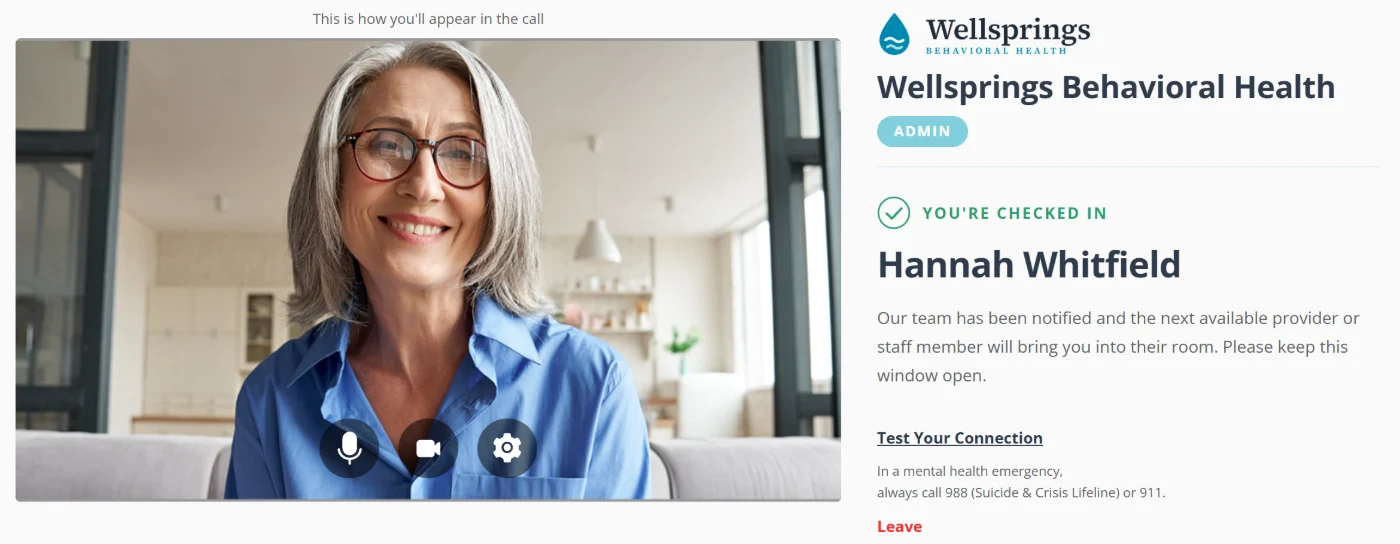 Client screen after checking in, confirming the next available provider or staff member will bring them into their room.
